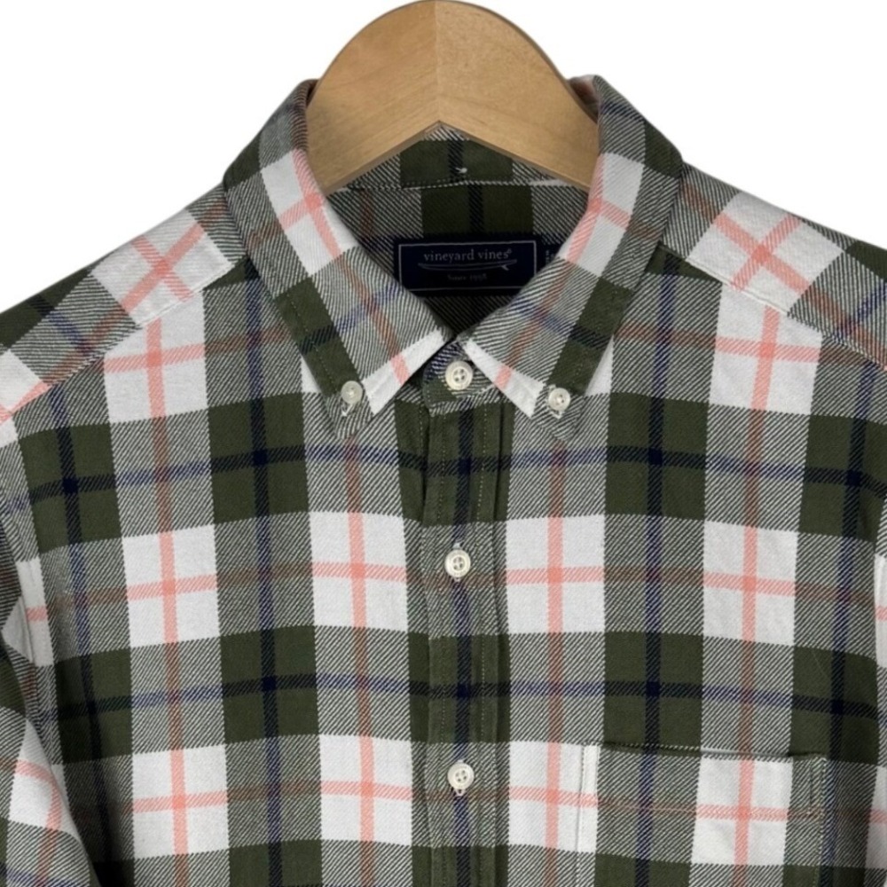 Vineyard Vines‎ Midweight Twill Plaid Button Down Shirt Mens M Olive Green Pink
